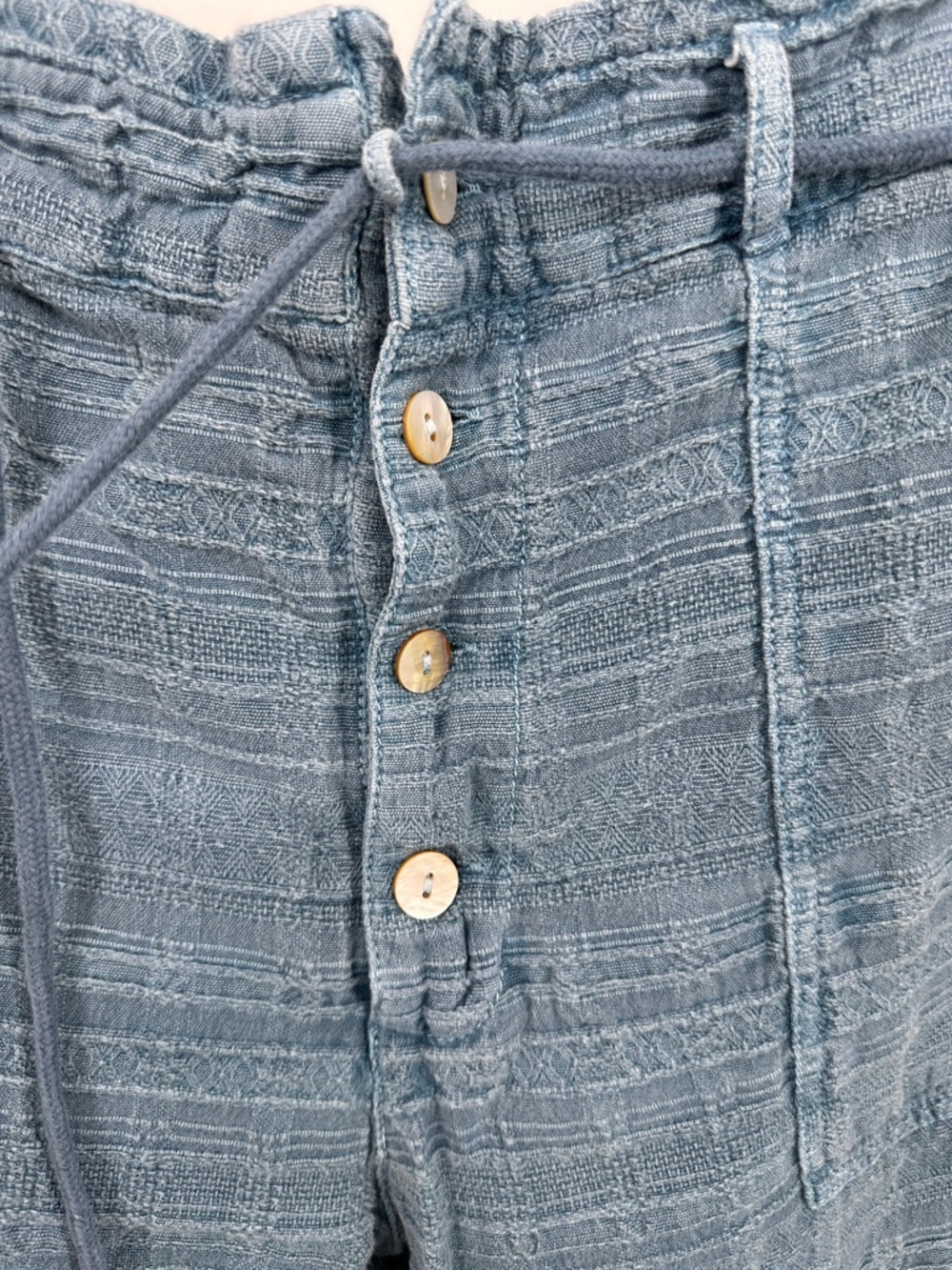 Sundance Coastline Boho Textured Blue Drawstring Button Front Pants - Picture 3 of 5